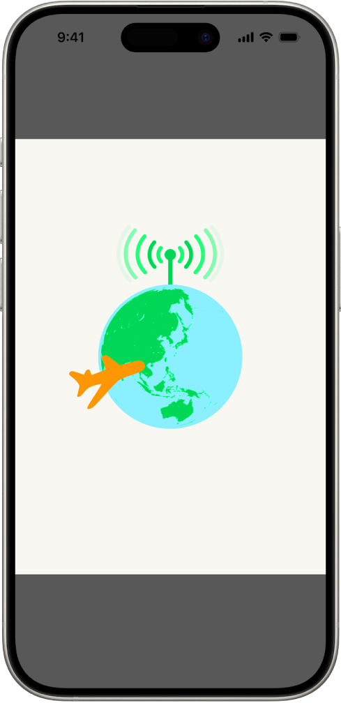 iPhone 畫面顯示地球插圖。地球最上方是無線電訊號,還有一架圍繞地球飛行的飛機。
