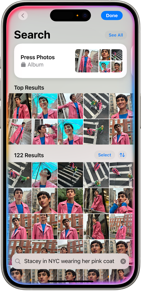 iPhone 显示“照片” App 中的照片。搜索栏及描述出现在屏幕底部。