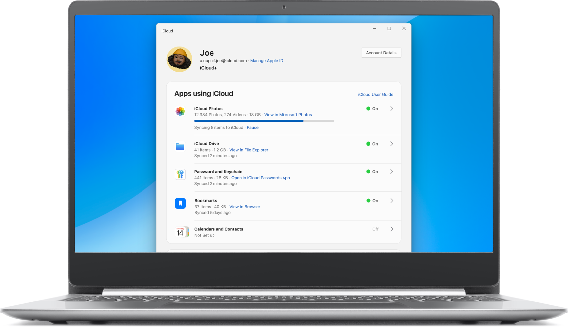 iCloud untuk Windows dibuka pada PC.
