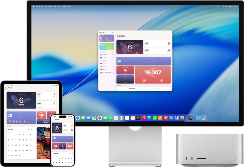 „Mac Studio“ šalia įvairių įrenginių, pasiekiamas tas pats „iCloud“ turinys.