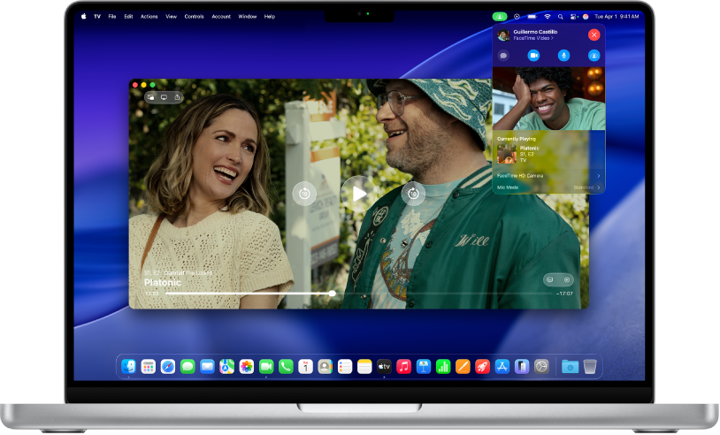 Funkce SharePlay na Macu zobrazená s aplikací Apple TV a živým hovorem FaceTime