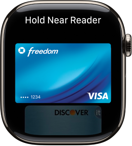 Екран, показващ кредитна карта в Apple Pay, готова за поднасяне към безконтактно четящо устройство.