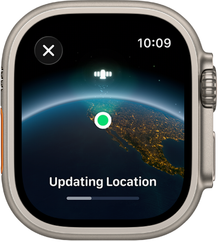 Екран, показващ „Updating Location“ („Обновяване на местоположение“), с индикатор за напредъка и изглед на Земята от космоса със зелена точка, указваща местоположението.