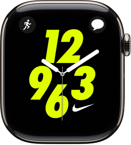L’esfera Nike analògic amb la complicació Entrenament a la part superior esquerra i la complicació Missatges la part superior dreta. Al centre hi ha una esfera analògica.