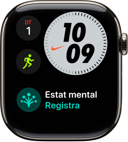 L’esfera Nike Compact que mostra el dia i la data a la part superior esquerra, l’hora a la part superior dreta, la complicació Entrenament a la part central esquerra i la complicació Temporitzadors.