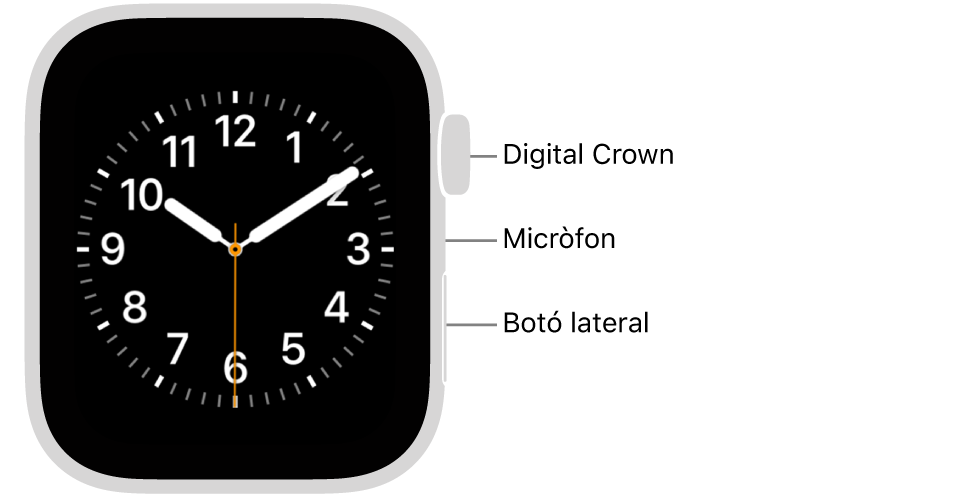 La part de davant de l’Apple Watch SE 3 mostra la pantalla amb l’esfera del rellotge. A la part lateral del rellotge començant per dalt hi ha la Digital Crown, el micròfon i el botó lateral.