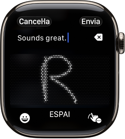 La pantalla del camp de text, en què es mostra una carta escrita amb la funció d’escriptura a mà. Els botons d’emojis i d’escriptura a mà són a la part inferior de la pantalla.