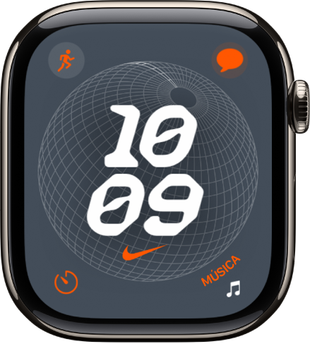 L’esfera Nike Globe mostra un rellotge digital al mig amb quatre complicacions: Entrenament és a la part superior esquerra; Missatges, a la part superior dreta; Temporitzador, a la part inferior esquerra; i Música, a la part inferior dreta.