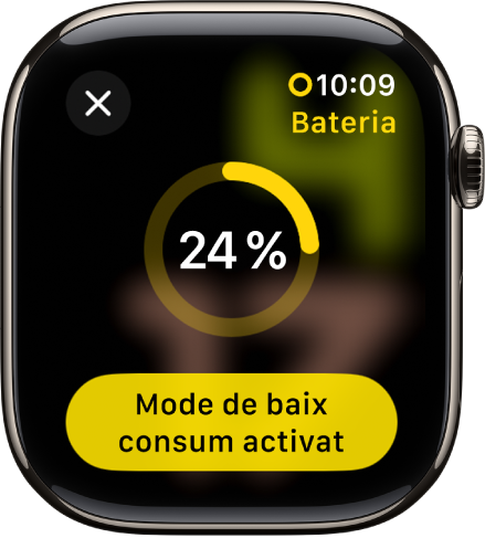 La pantalla del mode de baix consum amb un anell groc parcial que indica la càrrega restant. El botó d’activació del mode de baix consum és a la part inferior.