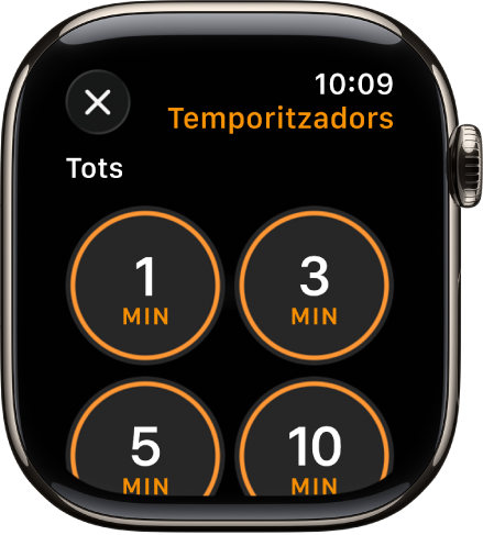 Pantalla de l’app Temporitzador amb el botó “Afegeix” per crear un temporitzador, així com temporitzadors ràpids d’1, 3, 5 o 10 minuts.