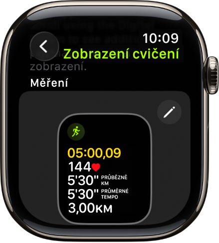 Obrazovka Zobrazení cvičení s tréninkovým zobrazením sady Měření pro turistiku.