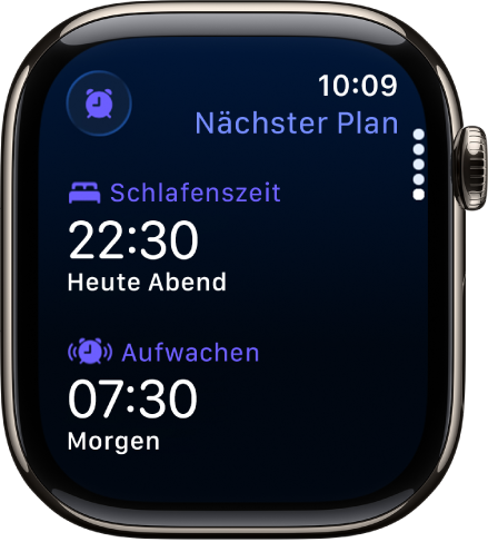 Die App „Schlaf“ auf der Apple Watch mit dem Schlafplan für den Abend. Oben wird „Schlafenszeit“ angezeigt, darunter befindet sich „Aufwecken“.