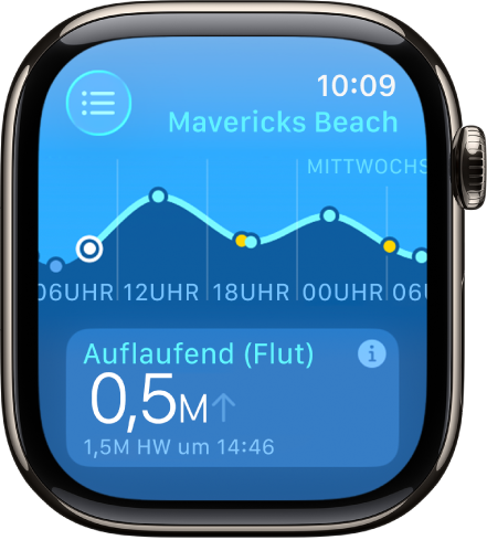 Ein Bildschirm in der App „Gezeiten“ zeigt Informationen zu den Gezeiten für einen Standort.