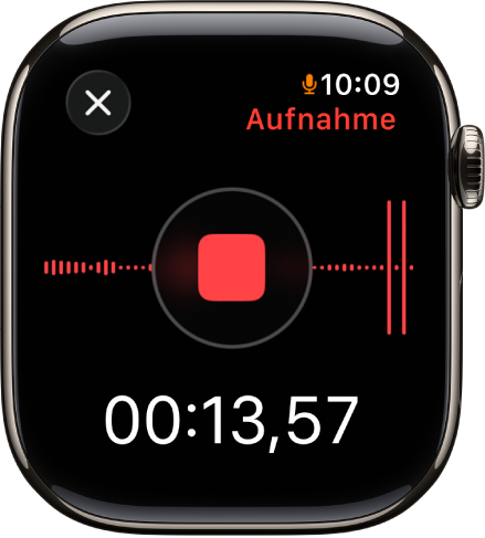 Die App „Sprachmemos“ während der Aufzeichnung eines Memos. In der Mitte befindet sich eine rote Stopptaste. Darunter ist die verstrichene Zeit der Aufnahme zu sehen. Das Wort „Aufnahme“ befindet sich oben rechts.