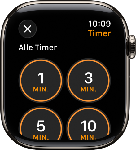 Die App „Timer“ zeigt die Taste „Hinzufügen“, mit der ein neuer Timer erstellt werden kann, sowie Schnell-Timern für 1, 3, 5 oder 10 Minuten.