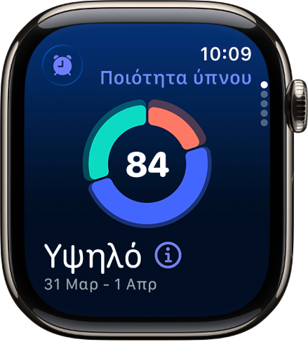Η οθόνη ποιότητας ύπνου όπου φαίνεται μια βαθμολογία ποιότητας στο κέντρο της οθόνης. Μια βαθμολογία και ο χρόνος ύπνου εμφανίζονται στην κάτω αριστερή πλευρά της οθόνης.