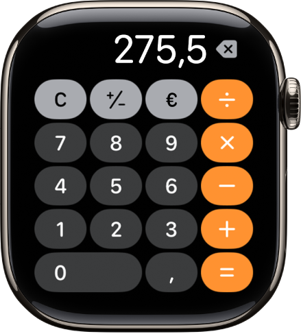 Το Apple Watch όπου εμφανίζεται η εφαρμογή «Αριθμομηχανή». Η οθόνη εμφανίζει ένα τυπικό πληκτρολόγιο αριθμών με μαθηματικές συναρτήσεις στα δεξιά. Στο πάνω μέρος, εμφανίζονται τα κουμπιά C, συν ή πλην, και Φιλοδώρημα.