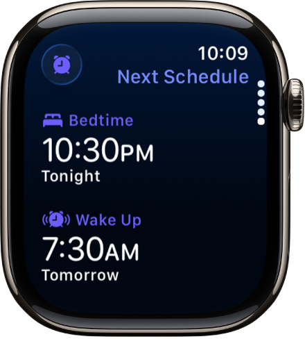 The Sleep app on Apple Watch showing the evening’s sleep schedule. Bedtime appears at the top, and Wake Up time is below it.
