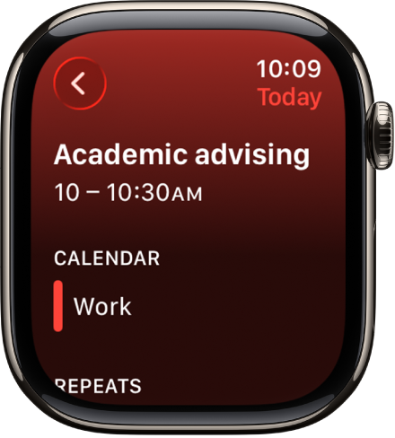 Calendar screen showing a new event. The name of the event is at the top with the event’s time below. Below the Calendar heading is the event’s date and the name of the calendar the event belongs to.