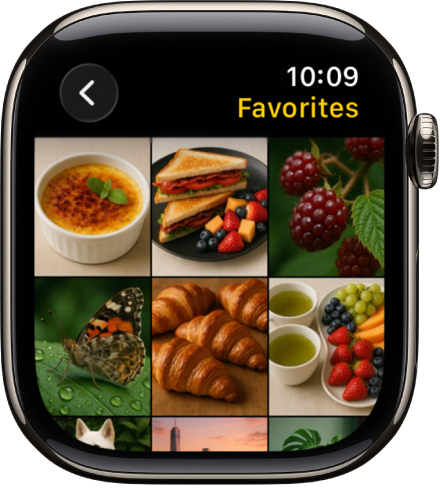The Photos app on Apple Watch showing an album called Favorites, with several photos displayed in a grid.