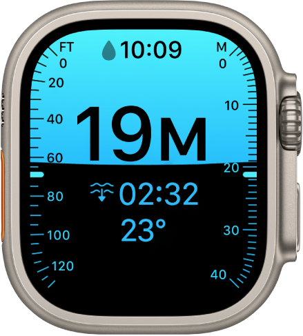 Una pantalla Profundidad en un Apple Watch Ultra, mostrando la profundidad actual, el tiempo transcurrido y la temperatura del agua.
