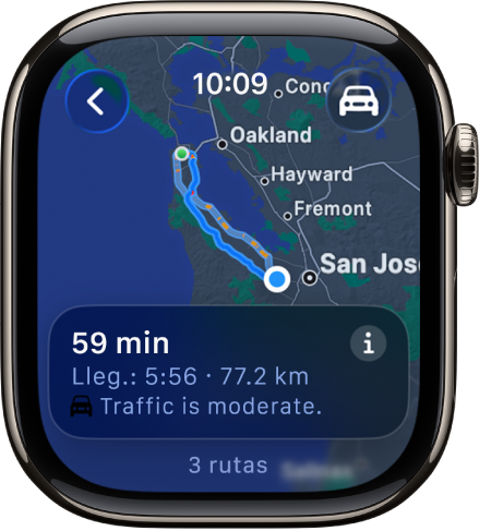 La app Mapas mostrando un vistazo general de las indicaciones en auto. La primera parte del trayecto se muestra en la parte inferior.