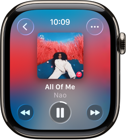La pantalla Ahora suena mostrando la ilustración del álbum, con el título de la canción y el nombre del artista debajo. Los controles de contenido están en la parte inferior. El botón Más opciones está en la esquina superior derecha. El botón Atrás está en la esquina superior izquierda.