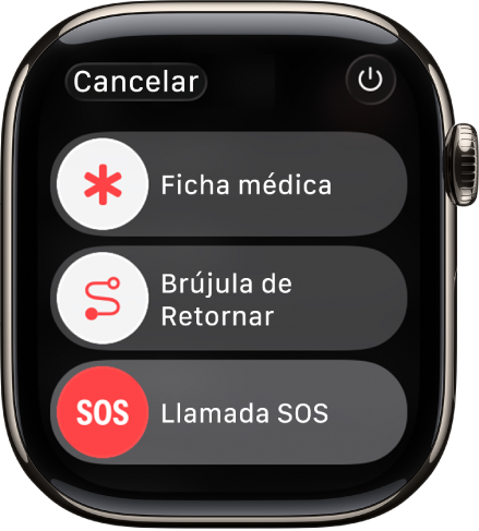 La pantalla del Apple Watch mostrando los reguladores para Ficha médica, Brújula de Retornar y Llamada de emergencia. El botón Alimentación está en la esquina superior derecha.