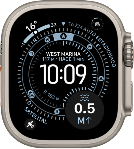 Una pantalla mostrando la carátula Punto de referencia en el Apple Watch Ultra, con la complicación satelital en la esquina inferior derecha.