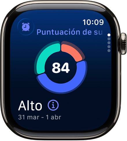 La pantalla de puntuación de sueño muestra una puntuación en el centro de la pantalla. En la parte inferior de la pantalla aparece una puntuación y el tiempo de sueño.