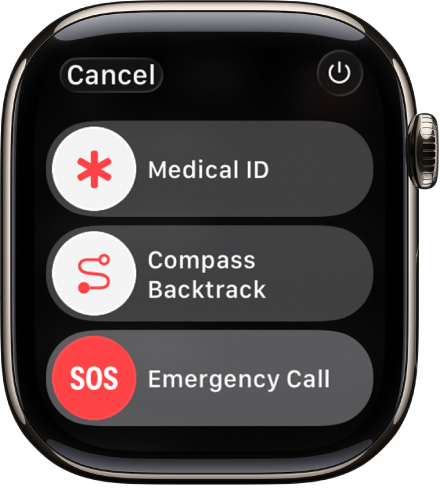 La pantalla del Apple Watch con los reguladores de “Datos médicos”, “Retorno con brújula” y “Llamada de emergencia”. Arriba a la derecha está el botón de encendido.