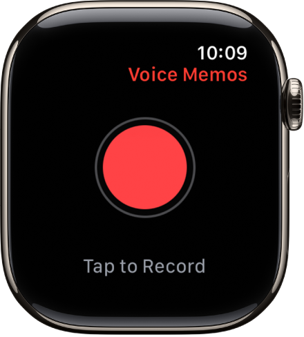 L’Apple Watch qui affiche l’écran Dictaphone. Un bouton rouge Enregistrer se trouve près du haut. Un mémo enregistré se trouve en dessous. Il affiche l’heure d’enregistrement et la durée.