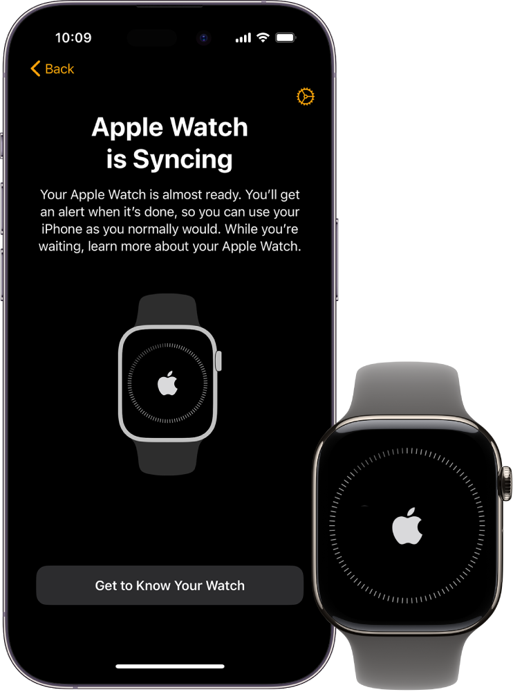 Un iPhone et une Apple Watch qui affichent leur écran de synchronisation.