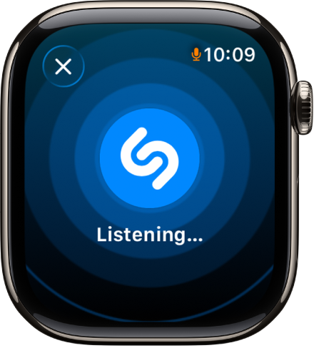 Un écran montrant le titre et l’artiste d’une chanson identifiée par l’app Identifier la musique. Le bouton de lecture se situe en bas à droite.