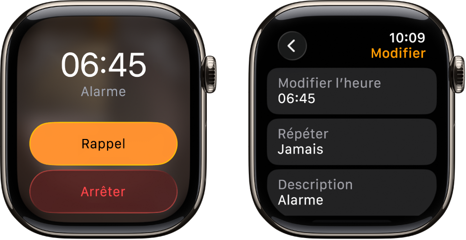 Deux écrans de la montre : le premier montre un cadran avec les boutons Rappel et Arrêter, tandis que le deuxième montre les réglages Modifier avec les boutons « Modifier l’heure », Répéter et Description. Un bouton Rappel se trouve en bas.