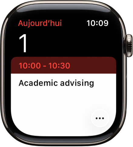L’écran Calendrier présentant un évènement avec la date, l’heure et le titre.
