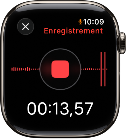 L’app Dictaphone en plein enregistrement d’un mémo. Un bouton Arrêter rouge apparaît au milieu de l’écran. En dessous est affiché le temps d’enregistrement écoulé. Le mot Enregistrement apparaît en haut à droite.