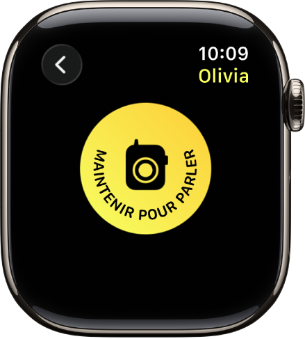 L’écran Talkie-walkie affichant un grand bouton Parler au centre. Le bouton Parler indique « Maintenez appuyé pour parler ».