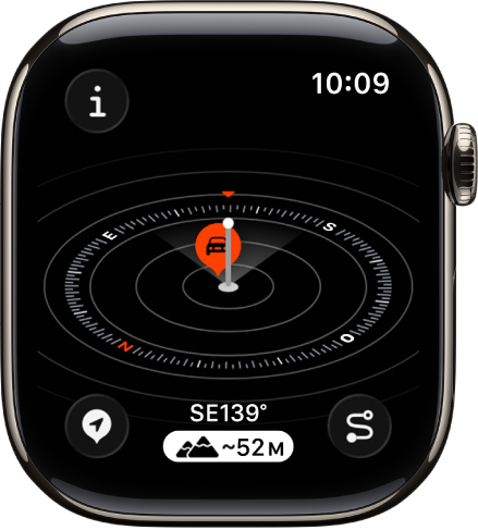 L’app Boussole affichant la présentation de l’altitude. Un point de repère apparaît sur un cadran incliné. Un poteau blanc indique l’altitude actuelle, qui est plus élevée que celle des autres points de repère sur le cadran. Le bouton Informations, se trouve en haut à gauche, le bouton « Points de repère » en bas à gauche, le bouton Altitude en bas au milieu et le bouton « Point de départ » en bas à droite.