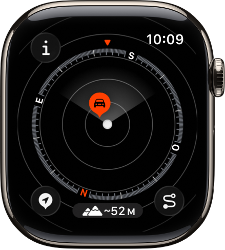 L’app Boussole affichant un point de repère dans un cadran. Le bouton Informations, se trouve en haut à gauche, le bouton « Points de repère » en bas à gauche, le bouton Altitude en bas au milieu et le bouton « Point de départ » en bas à droite.