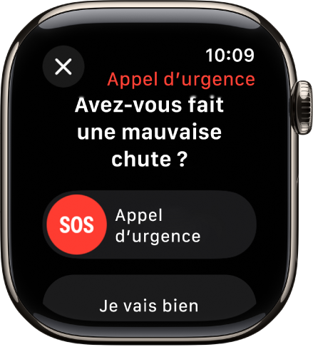 Écran Détection des chutes affichant le curseur SOS pour lancer un appel d’urgence et le bouton Je vais bien.