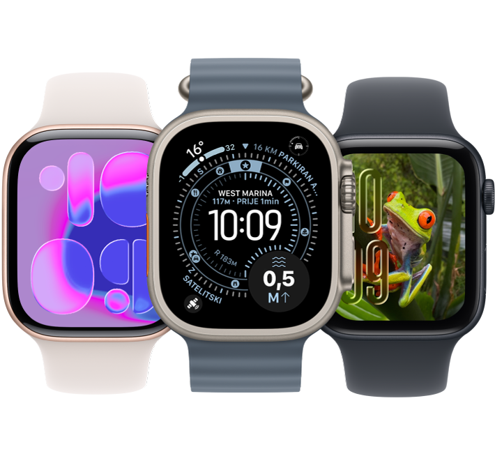 Slijeva nadesno, Apple Watch prikazuje brojčanik sata Tijek, Apple Watch Ultra prikazuje brojčanik sata Putna točka i Apple Watch prikazuje brojčanik sata Fotografije.