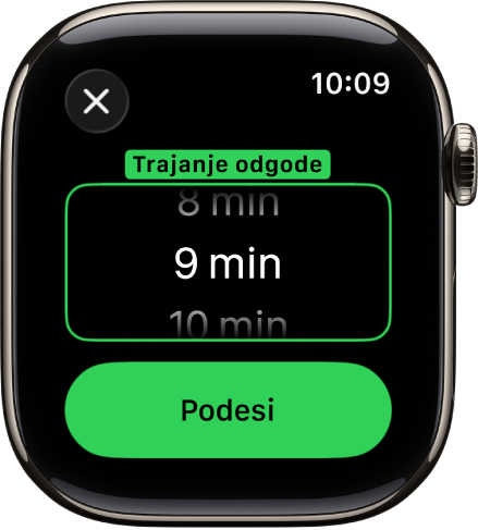 Zaslon sata prikazuje opcije za podešavanje Trajanja odgode u aplikaciji Alarm.