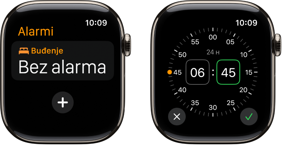 Dva zaslona sata koji pokazuju postupak dodavanja alarma: Dodirnite Dodaj alarm, dodirnite AM (ujutro) ili PM (poslijepodne), okrenite Digital Crown za podešavanje vremena pa dodirnite tipku kvačice.