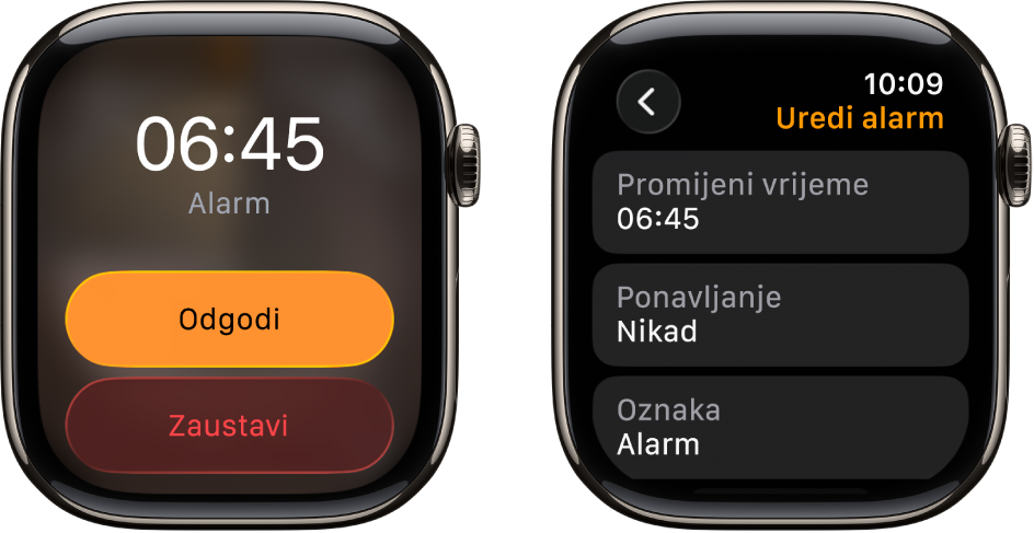 Dva zaslona sata: jedan prikazuje brojčanik sata s tipkom za odgodu alarma i zaustavljanje alarma, a drugi prikazuje opciju Uredi postavke Alarma ispod kojeg se nalaze tipke Promijeni vrijeme, Ponovi i Oznaka. Prekidač za odgodu alarma nalazi se u donjem desnom kutu.