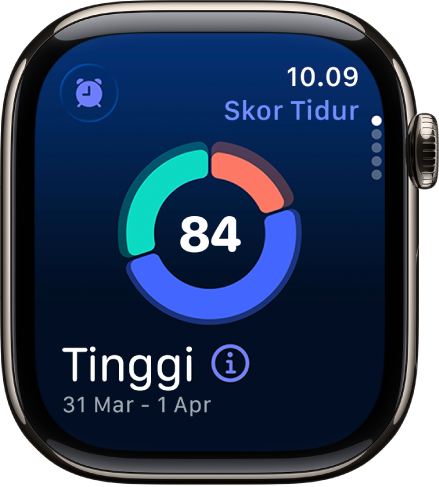Layar skor tidur menampilkan skor di bagian tengah layar. Nilai dan waktu yang dihabiskan untuk tidur muncul di kiri bawah layar.