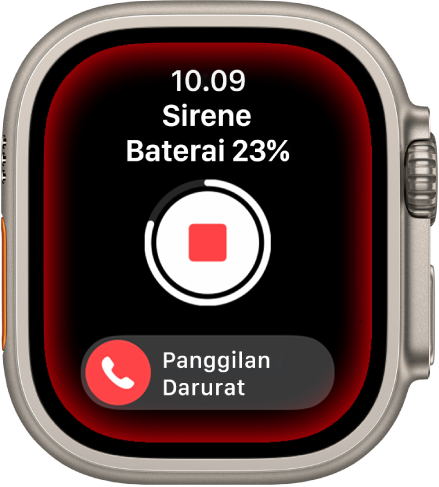 Sirene menghitung mundur. Di dekat bagian atas daya baterai, di tengah terdapat tombol Putar, dan di bagian bawah terdapat penggeser Panggilan Darurat.