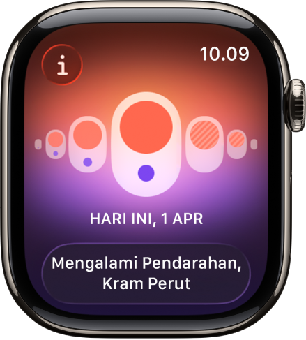 Layar di app Pelacakan Siklus menampilkan datang bulan yang dicatat dengan gejala yang dicatat di bagian bawah layar.