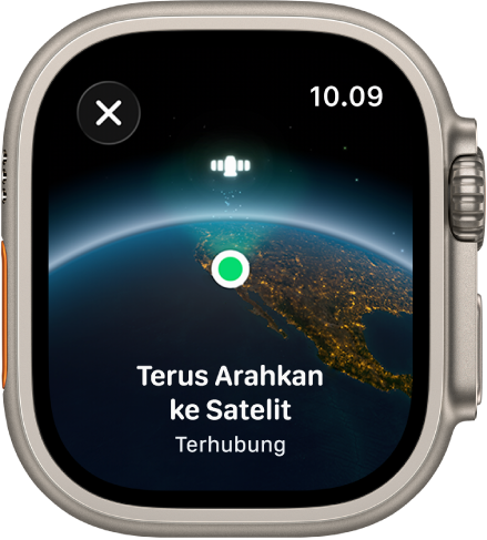 Layar yang menampilkan ikon satelit di tampilan Bumi melengkung, indikator koneksi hijau, dan teks “Terus Arahkan ke Satelit”.