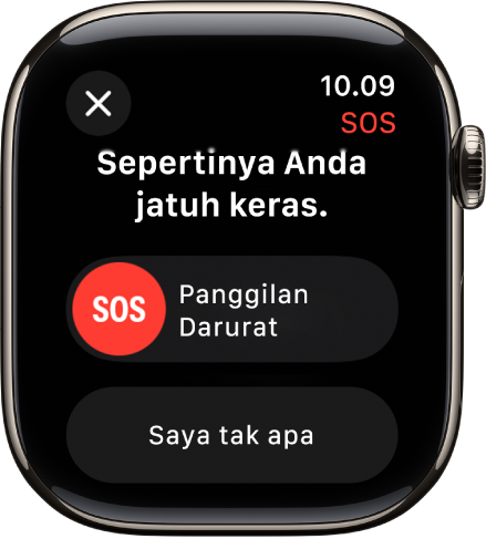 Layar Deteksi Jatuh yang menampilkan penggeser SOS untuk memulai panggilan darurat.